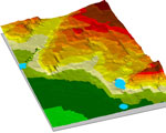 地図から読み取った標高をデジタル化して色分けした3D地形画像