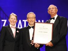 At the award ceremony. Professor Yamamoto (center), Professor Allison A. Campbell, ACS President (left), Professor Carl R. Johnson, Wayne State University and Chair, Organic Synthesis Inc. (right)